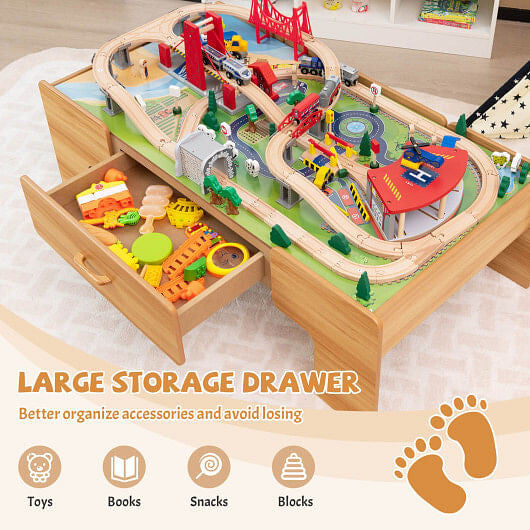 100-Piece Double-Sided Wooden Train Set Table with Storage Drawer for Kids Age 3 +