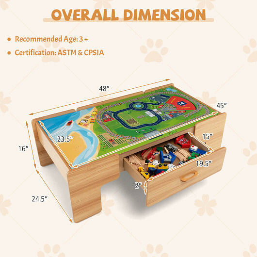 100-Piece Double-Sided Wooden Train Set Table with Storage Drawer for Kids Age 3 +