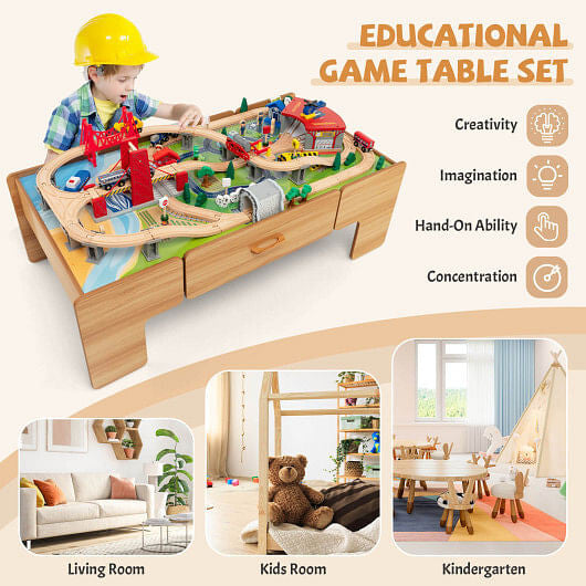 100-Piece Double-Sided Wooden Train Set Table with Storage Drawer for Kids Age 3 +