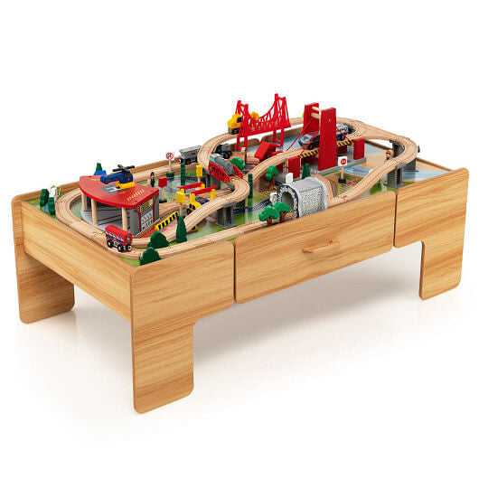 100-Piece Double-Sided Wooden Train Set Table with Storage Drawer for Kids Age 3 +